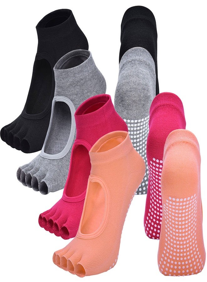 BarlouWay Toeless Yoga Socks for Women Pilates Socks with Grips Cotton Non Slip Open Toe Socks for Pilates Pure Barre Ballet Dance (4 Pairs (Black & Grey & Orange & Rose)) - Image 1